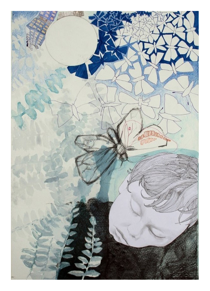 Butterflies, blyerts, collage, akvarell, tusch, 50 x 70 cm