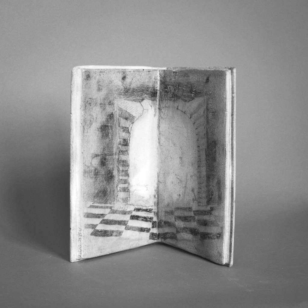 Gate - book sculpture with anamorphic drawing by Annika Bergqvist Kupiainen